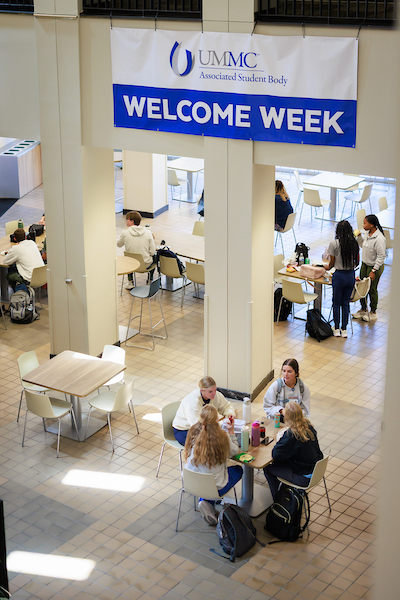Aerial view of students dining in the Food Court.